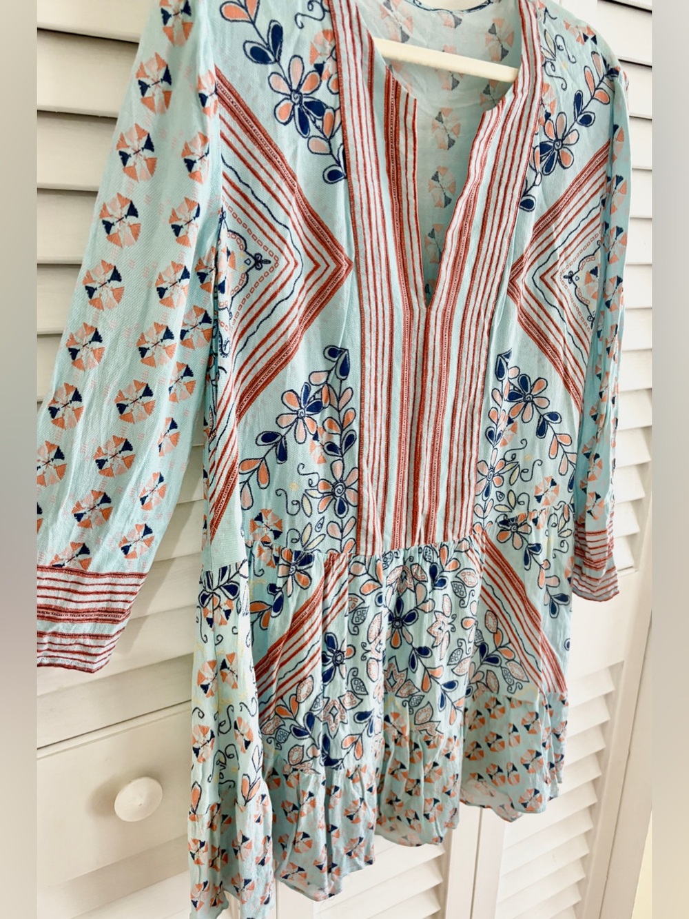 Dalia Mint Blue-Green Dress Floral & Stripe Mixed Print Boho Tunic Mini Dress L - Picture 3 of 12